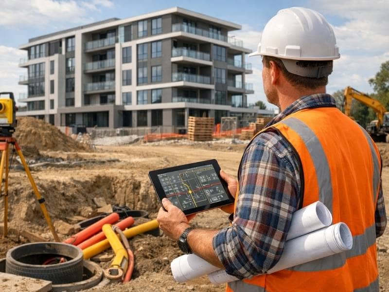 Surveyor reviewing site plans and utility layouts at a completed construction project for an as-built survey