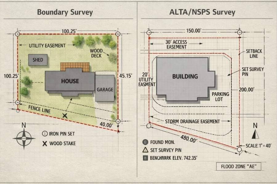 Side-by-side comparison showing a boundary survey and ALTA/NSPS survey with property lines, easements, buildings, and survey details