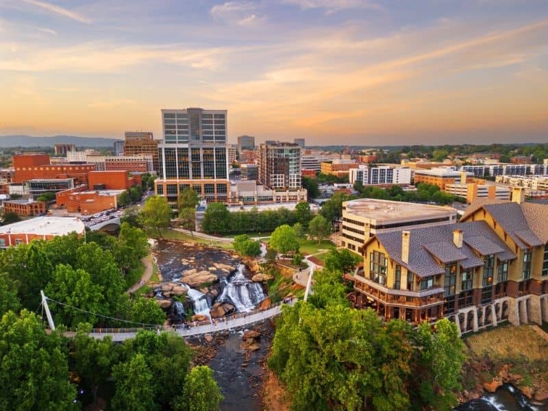 Downtown Greenville, South Carolina riverfront and urban development area with surrounding properties relevant to land surveying and site planning