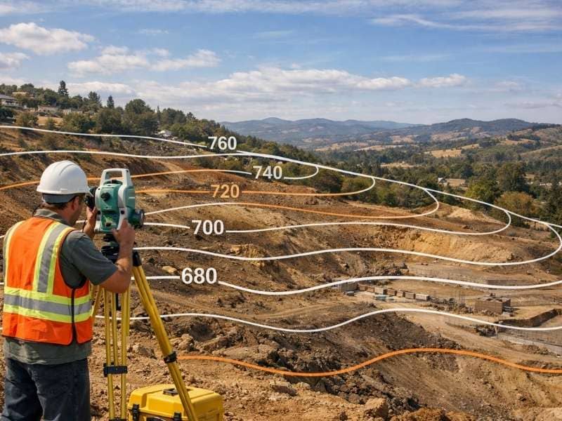 Surveyor using a total station on a construction site with contour lines showing elevation changes and topographic survey mapping