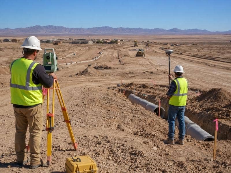 Survey Control crew establishing construction reference points across a desert subdivision for Greenville Land Surveying.